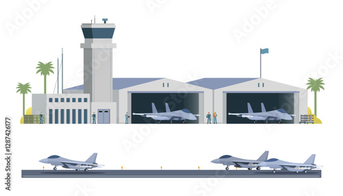 Military Airbase Vector Illustration. Aircraft, Vehicles, Staff, and Editable Modular Infographic Elements