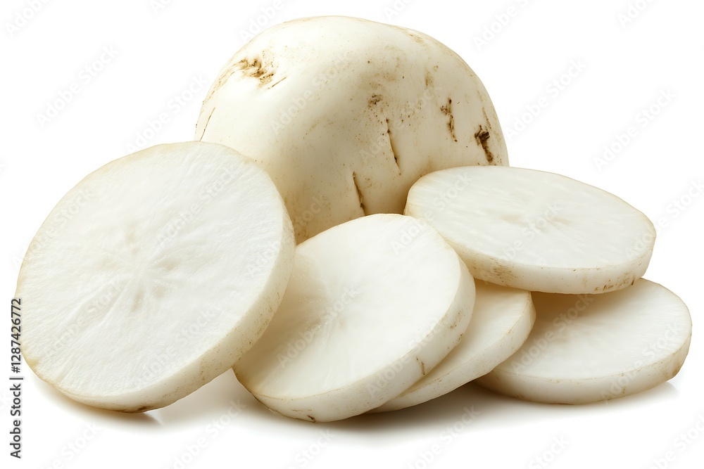 Whole and cut white radish with parsley on white background Whole and cut white radish with parsley on white background