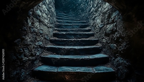 Dark stone stairs, ancient tunnel, mystery