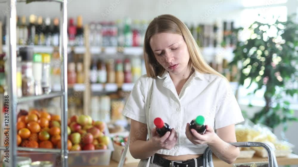 Grocery shopping at the supermarket - woman chooses soy sauce. High quality 4k footage