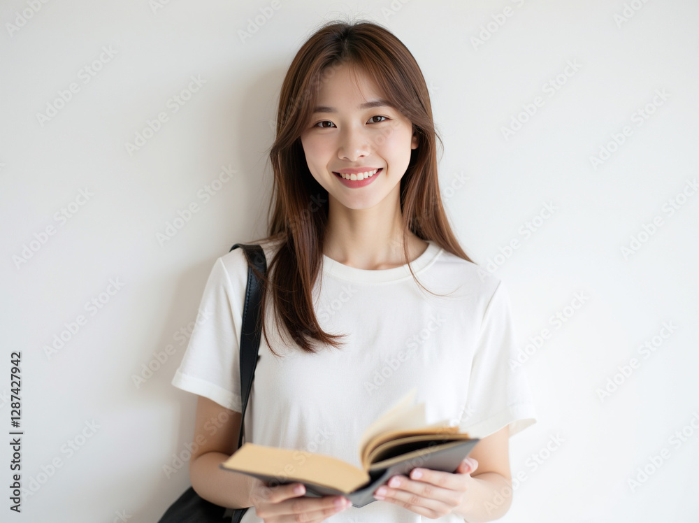 A photo of a young woman with long, soft, straight brown hair that falls naturally against a white background, with a warm and sincere smile and bright, soulful eyes. She is wearing a simple white sho A photo of a young woman with long, soft, straight brown hair that falls naturally against a white background, with a warm and sincere smile and bright, soulful eyes. She is wearing a simple white sho