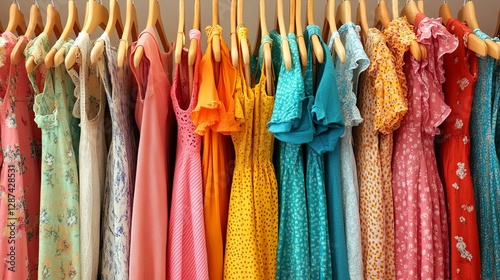 Colorful Summer Dresses Hanging On Wooden Hangers