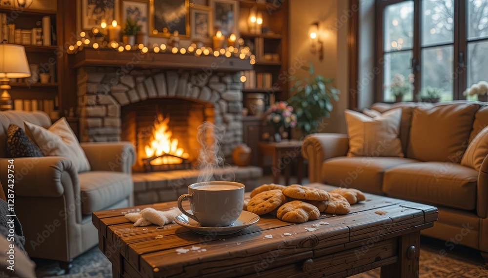 Fireplace delights coffee & cookies close-up
