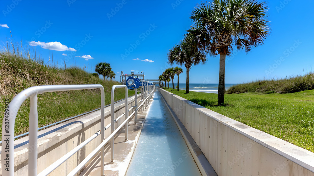 Obraz premium Beachfront lazy river walkway, sunny day, palm trees, ocean view, travel brochure