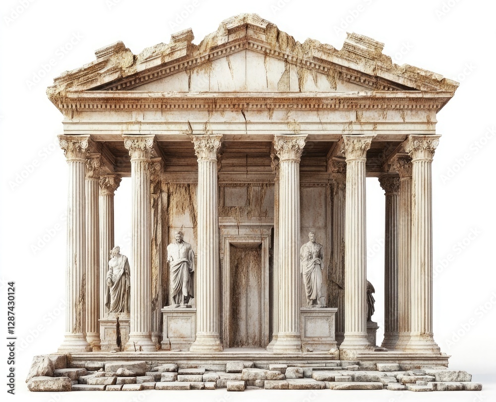 Obraz premium A Roman temple with broken columns and statues on an isolated white background