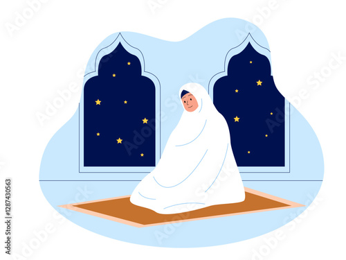 Young girl praying during Ramadan Illustration. Moslem illustration. Flat vector illustration concept