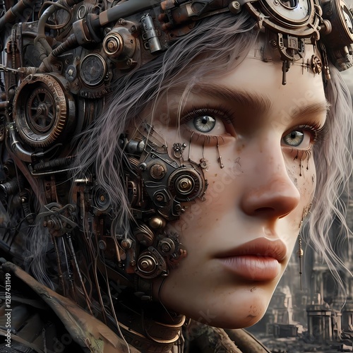 AI dominion over humanity portrait of a woman in a steampunk-inspired environment, Generated with generative A.I.