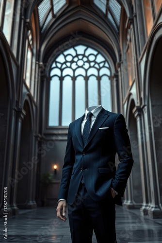 Headless manikin in suit standing in a grand church interior with detailed gothic architechture photo