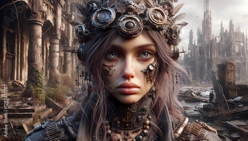 AI dominion over humanity portrait of a woman in a steampunk-inspired environment, Generated with generative A.I.