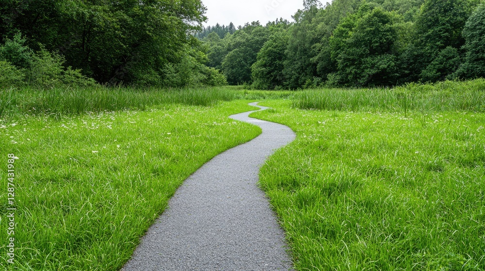 Obraz premium Winding path through lush green meadow, forest backdrop