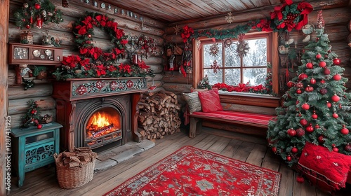 Cozy Christmas log cabin interior