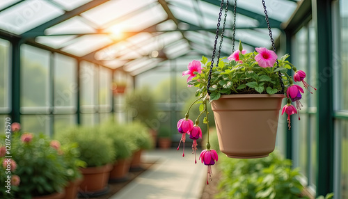 Pink petunias in a brown hanging pot, inside a greenhouse. Suitable for gardening blogs, floriculture websites, home decor inspiration, and spring/summer promotions.