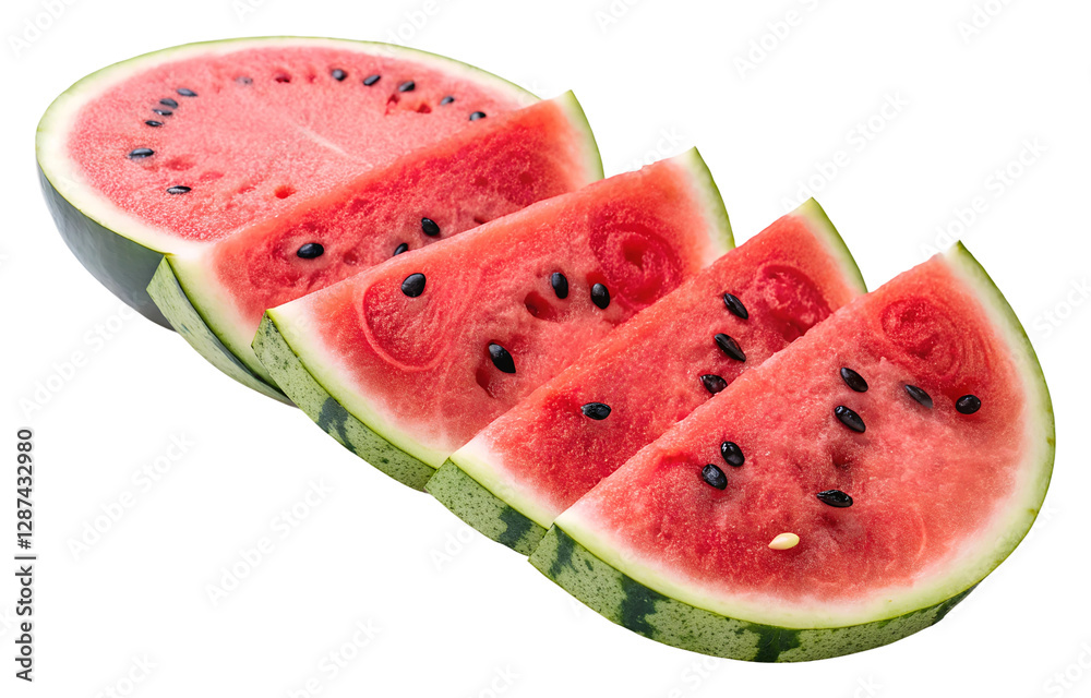 Freshly sliced watermelon kitchen food bright top view isolated on transparent background Freshly sliced watermelon kitchen food bright top view isolated on transparent background