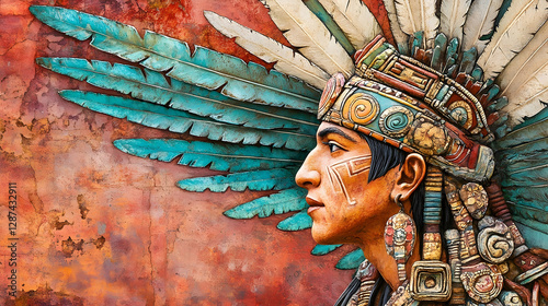 Majestic aztec warrior with elaborate headdress and vibrant feathers in profile