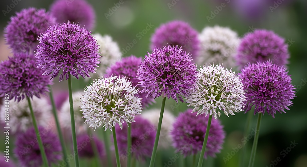 Giant allium flowers blooming in white and purple at the garden
Giant allium flowers blooming in white and purple at the garden