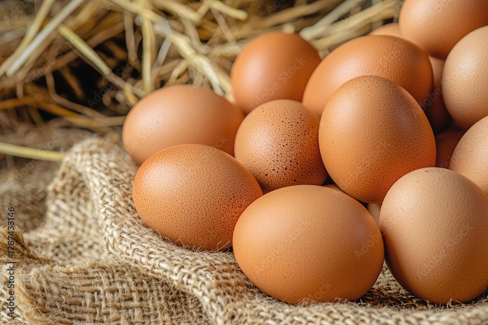 Fresh eggs in sackcloth on wooden table, closeup. Healthy food Fresh eggs in sackcloth on wooden table, closeup. Healthy food