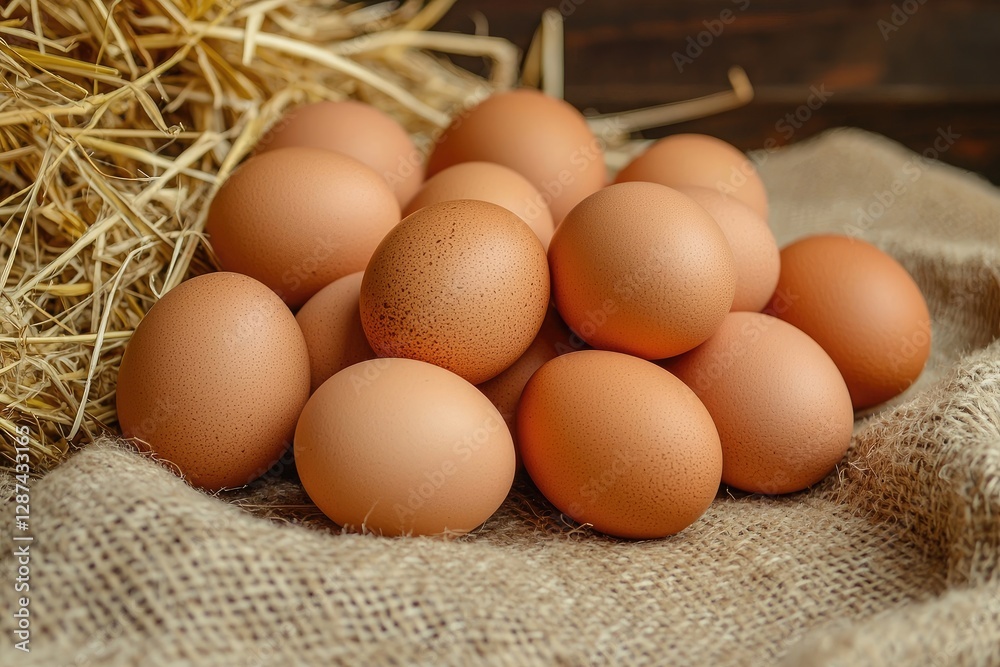 Fresh eggs in sackcloth on wooden table, closeup. Healthy food Fresh eggs in sackcloth on wooden table, closeup. Healthy food