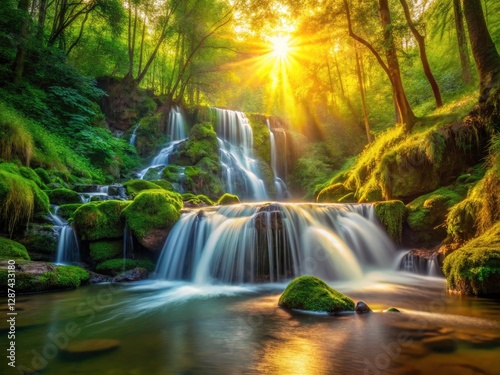 4K Golden Hour Cascade: Hidden Waterfall, Lush Forest, Cinematic Nature Photography