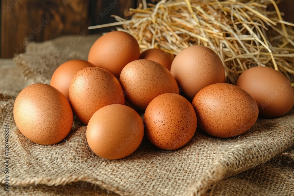 Fresh eggs in sackcloth on wooden table, closeup. Healthy food Fresh eggs in sackcloth on wooden table, closeup. Healthy food