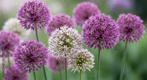 Giant allium flowers blooming in white and purple at the garden
