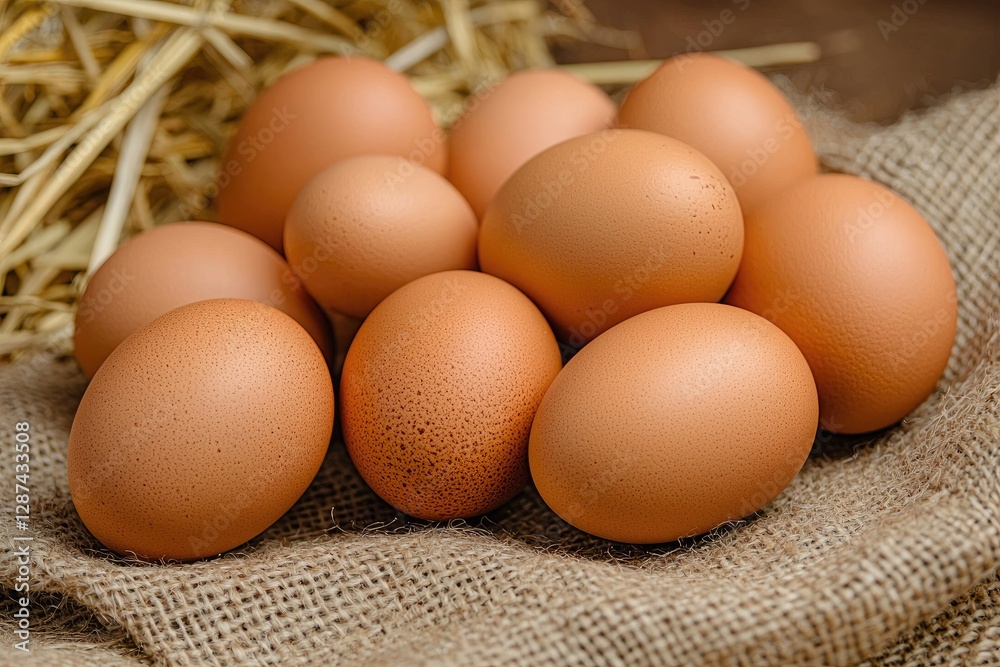Fresh eggs in sackcloth on wooden table, closeup. Healthy food Fresh eggs in sackcloth on wooden table, closeup. Healthy food