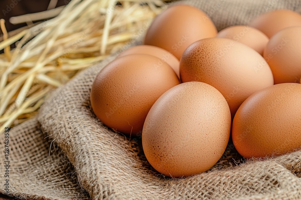 Fresh eggs in sackcloth on wooden table, closeup. Healthy food Fresh eggs in sackcloth on wooden table, closeup. Healthy food