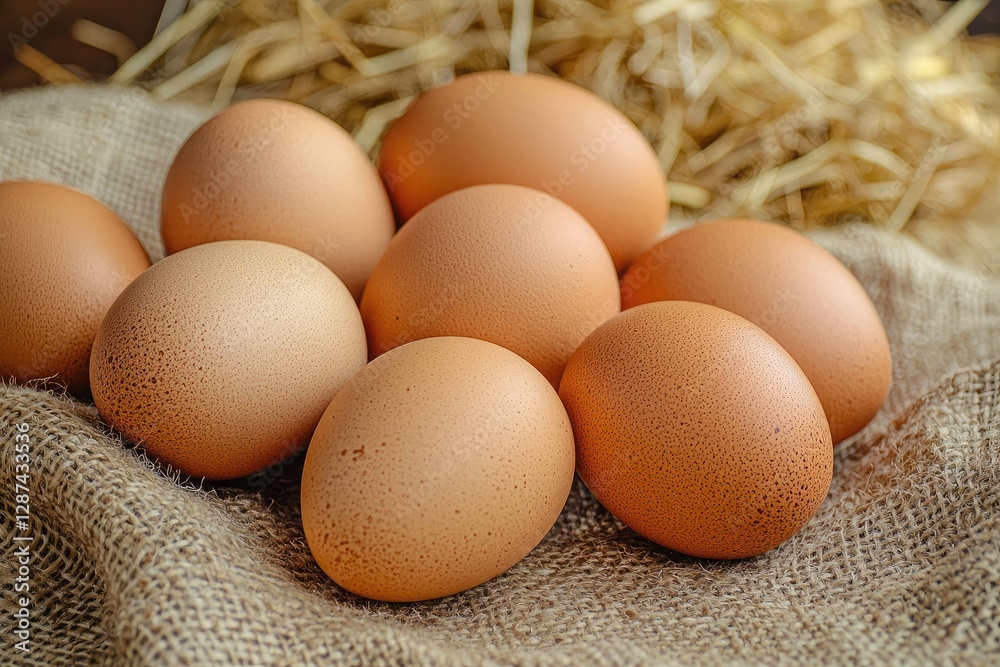 Fresh eggs in sackcloth on wooden table, closeup. Healthy food Fresh eggs in sackcloth on wooden table, closeup. Healthy food