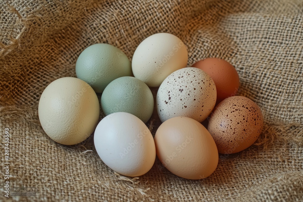 Fresh eggs in sackcloth on wooden table, closeup. Healthy food Fresh eggs in sackcloth on wooden table, closeup. Healthy food
