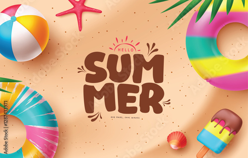 Hello summer greeting text in sand with floaters, popsicle, sea shell, palm leaves and starfish beach elements for outdoor travel background, vector illustration.
