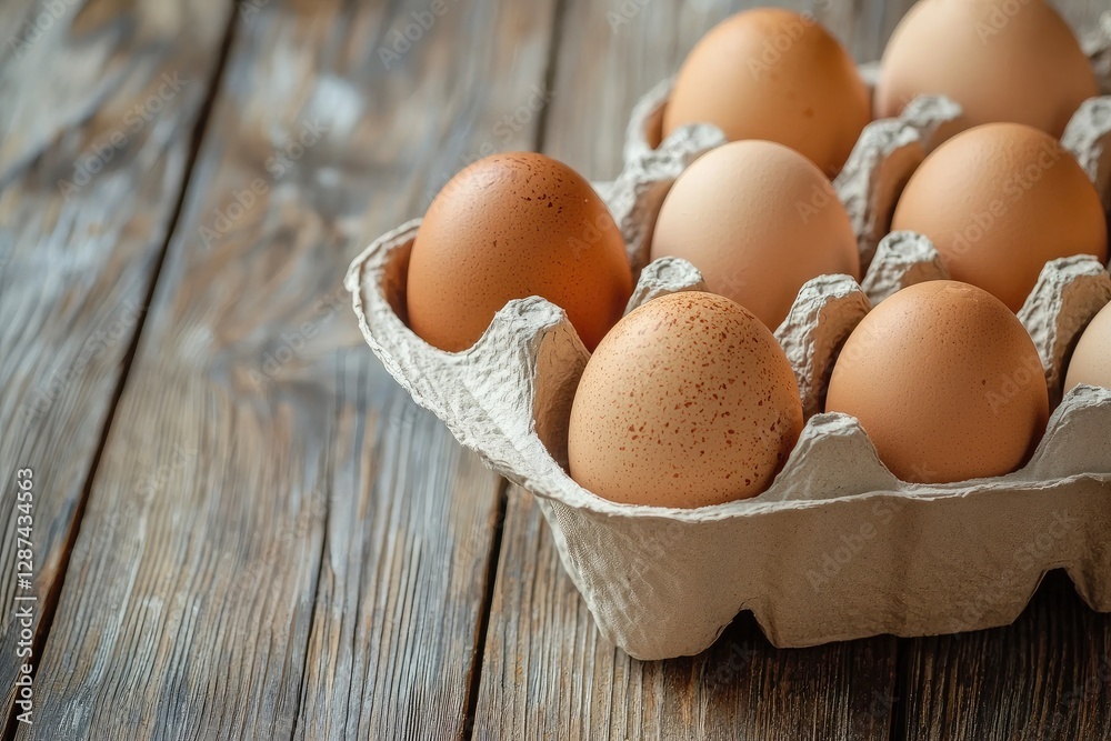 Eggs in a cardboard box on a wooden background. Top view Eggs in a cardboard box on a wooden background. Top view