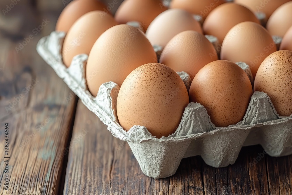 Eggs in a cardboard box on a wooden background. Top view Eggs in a cardboard box on a wooden background. Top view