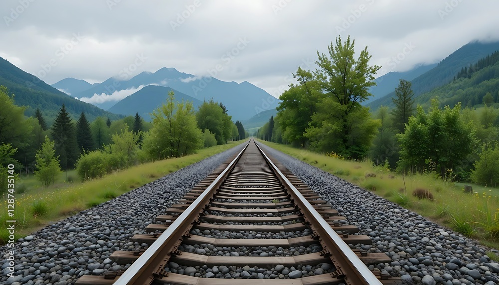 Fototapeta premium Railroad Tracks Through Mountain Valley with Trees Under Cloudy Sky