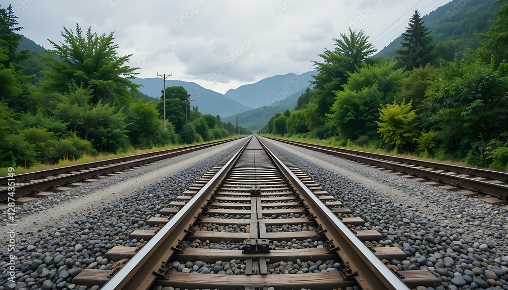 Naklejka premium Railroad Tracks Stretching Through Verdant Landscape Towards Distant Mountain Range