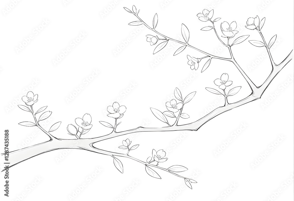 Fototapeta premium Elegant Hand-Drawn Flowering Branch Illustration with Delicate Blossoms and Leaves – Perfect for Nature and Botanical Themes