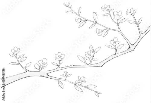 Elegant Hand-Drawn Flowering Branch Illustration with Delicate Blossoms and Leaves – Perfect for Nature and Botanical Themes