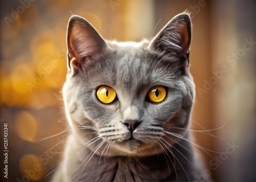 Adorable Grey Cat Headshot, Yellow Eyes, Tilt-Shift Photography, Pet Portrait, Cute Kitten
