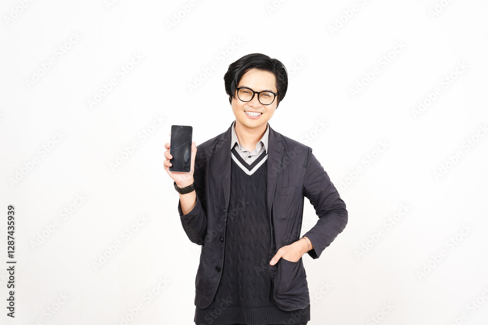 Smiling face Holding Smartphone and Presenting blank screen for copy space Of Handsome Asian Man Isolated On White Background Smiling face Holding Smartphone and Presenting blank screen for copy space Of Handsome Asian Man Isolated On White Background