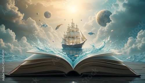 Open Book to Adventure: Sailing Ship Voyage to Distant Worlds, Fantasy Landscape, Ocean of Knowledge and Imagination.