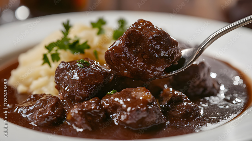 Close Up Shot of Succulent Beef Stew with Mashed Potatoes on a White Plate