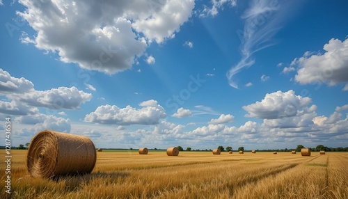 HDR Photo of Sraw Bales on the field with clouds and blue sky.