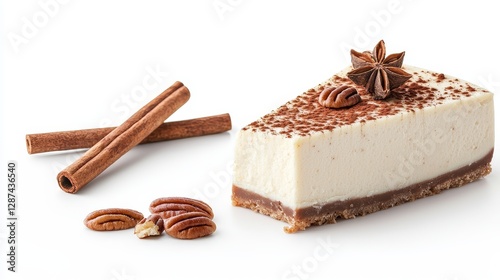 A maple pecan cheesecake slice with cinnamon sticks, elegant presentation, photorealistic design, isolated on white background