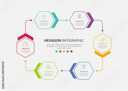 hexagon or hexagonal base shape infographic outline style with 6 point template with circular cycle with arrow direction for slide presentation