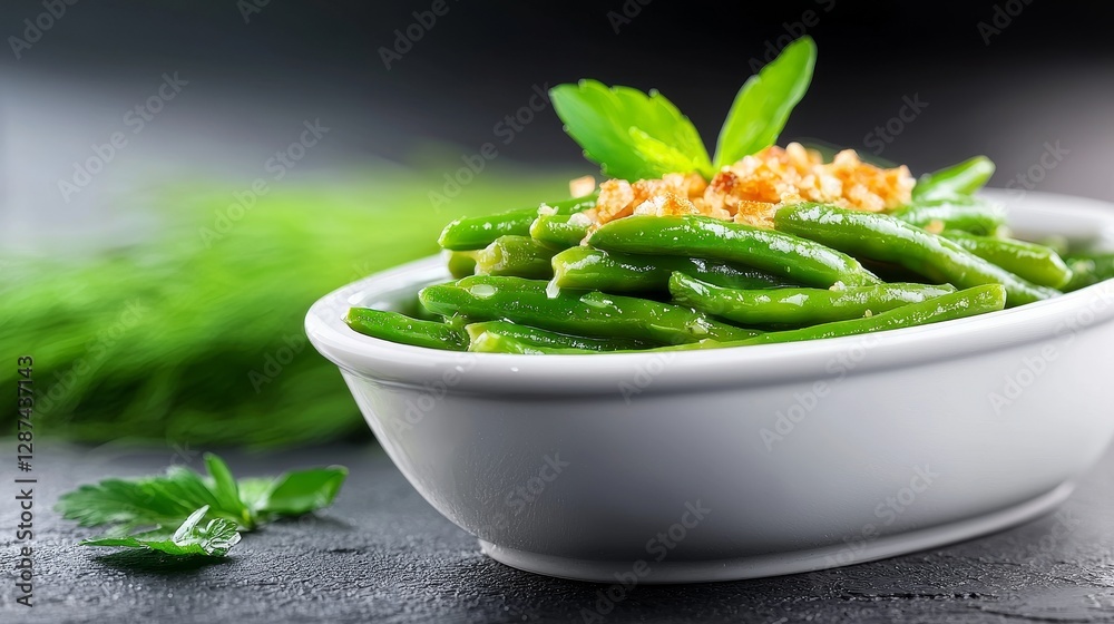 A modern take on green bean casserole with a minimalist presentation, elegant white dish, served with contemporary sides, moody background