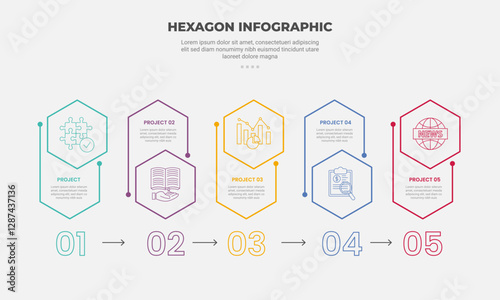 hexagon or hexagonal base shape infographic outline style with 5 point template with creative horizontal direction with line connection accessories for slide presentation