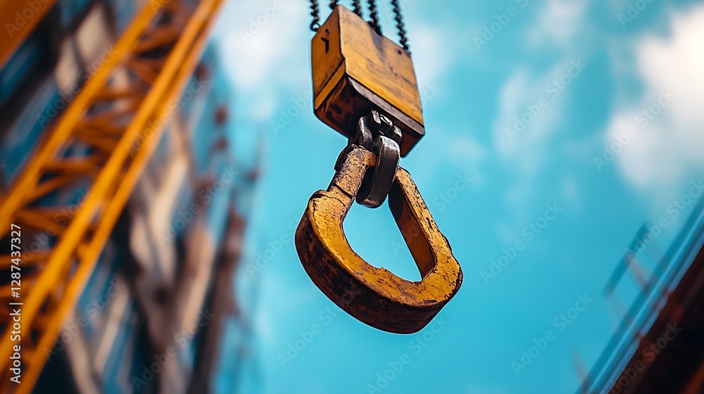 Crane Hook Suspended on Construction Site Against Blue Sky Background Crane Hook Suspended on Construction Site Against Blue Sky Background