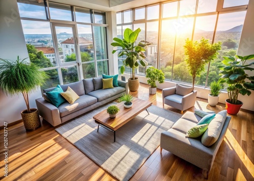Aerial View Living Room Rubber Plant Interior Design Home Decor Modern Houseplant