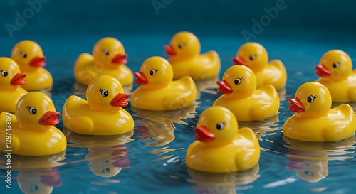 A group of rubber ducks floating on the calm surface of a lake.
