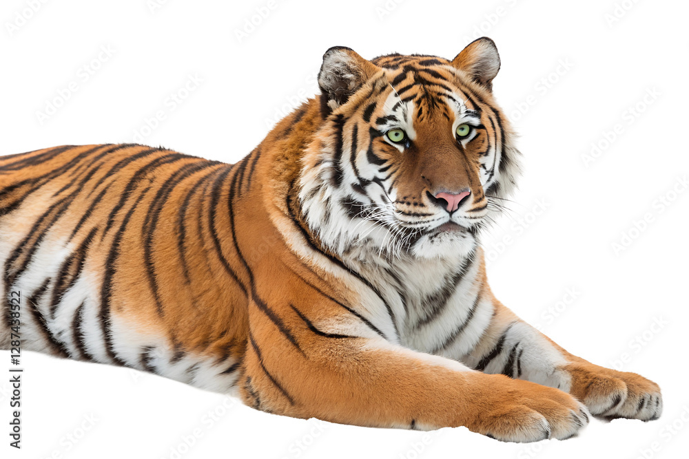 Fototapeta premium Majestic tiger lying gracefully setting wildlife isolated on transparent background