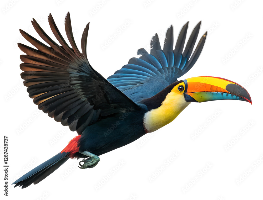 Obraz premium Flying toucan in tropical forest wildlife colorful bird isolated on transparent background