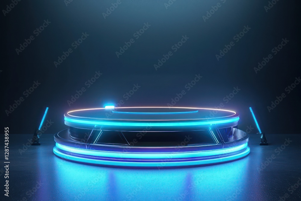 Futuristic glowing effects, abstract 3D podium, branding space. Futuristic glowing effects, abstract 3D podium, branding space.